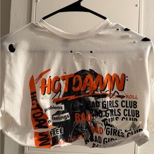 HOTJOANN Graphic Distressed White Tee with Orange & Black Print